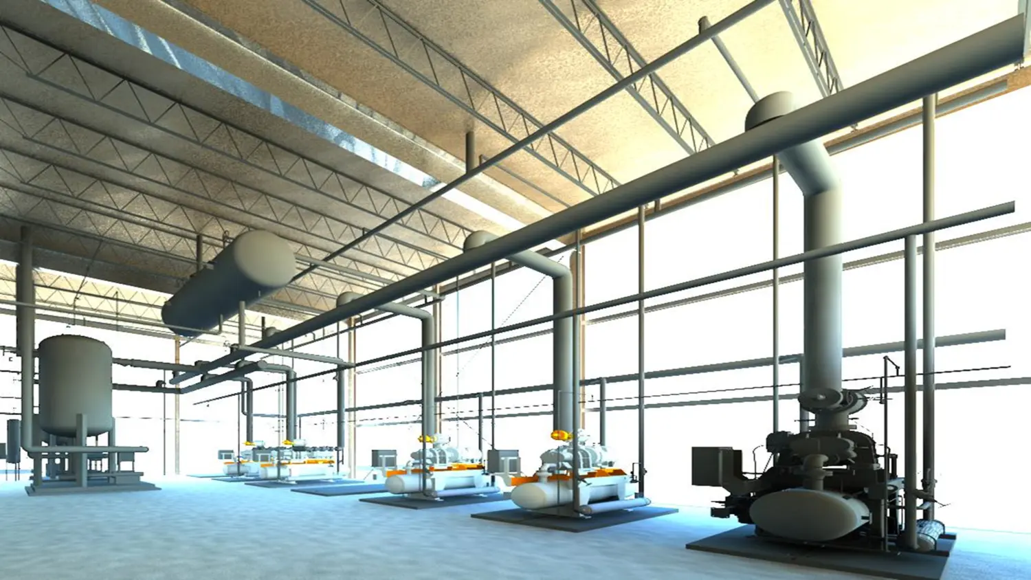 A high-ceiling industrial facility with large steel pipes, pressure vessels, and machinery, including pumps and compressors, bathed in bright natural light from windows.