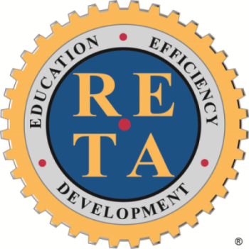 Circular logo with gold gear outline, gray inner ring with black text "Education," "Efficiency," "Development," and a central section with blue background and orange letters "R," "E," "T," "A.